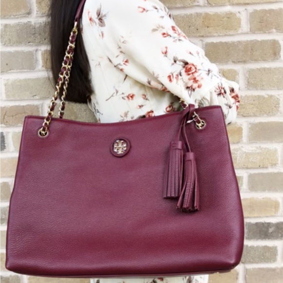Tory Burch burgundy and Gold Leather Shoulder Bag - Picture 1 of 10